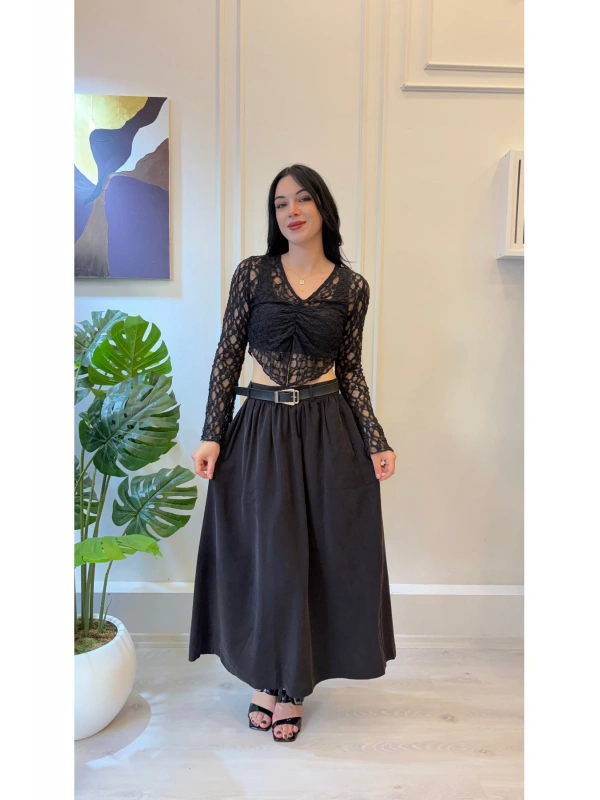 SHIN Drapeli Dantel Dokulu Crop Bluz