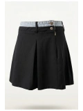 SHIN Siyah Denim Detaylı Yüksek Bel Şort Etek (Skort) Pileli Şık