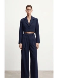 Lacivert Blazer Ceket Yüksek Bel Wide Leg Pantolon Takım