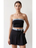 SHIN Yüksek Bel Piliseli Mini Etek Şort (Denim Detaylı)