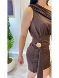 Kahverengi Drapeli Mini Elbise (Metal Aksesuar Detaylı)
