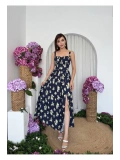 Limon Desenli Lacivert Maxi Elbise