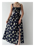 Limon Desenli Lacivert Maxi Elbise