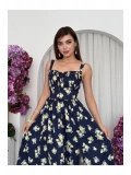 Limon Desenli Lacivert Maxi Elbise