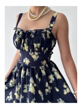 Limon Desenli Lacivert Maxi Elbise