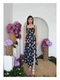Limon Desenli Lacivert Maxi Elbise