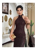 Gold Işıltılı Boyundan Bağlamalı Gece Elbisesi