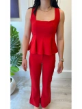 SHIN Kırmızı Peplum Bluz Pantolon Takım