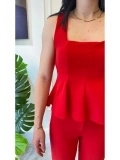 SHIN Kırmızı Peplum Bluz Pantolon Takım