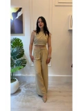 SHIN Bej Bağlamalı Keten Görünümlü Crop Pantolon Takım