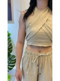 SHIN Bej Bağlamalı Keten Görünümlü Crop Pantolon Takım