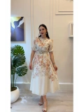 SHIN Kemer Detaylı Çiçek Desenli Vintage Midi Elbise