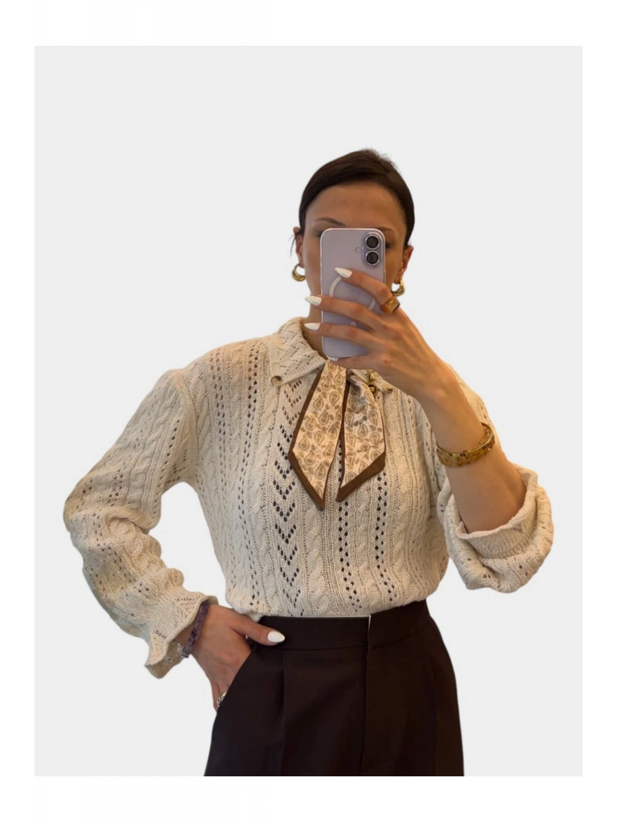 SHIN Vintage Dokulu Triko Gömlek – Fular Detaylı Premium Bluz