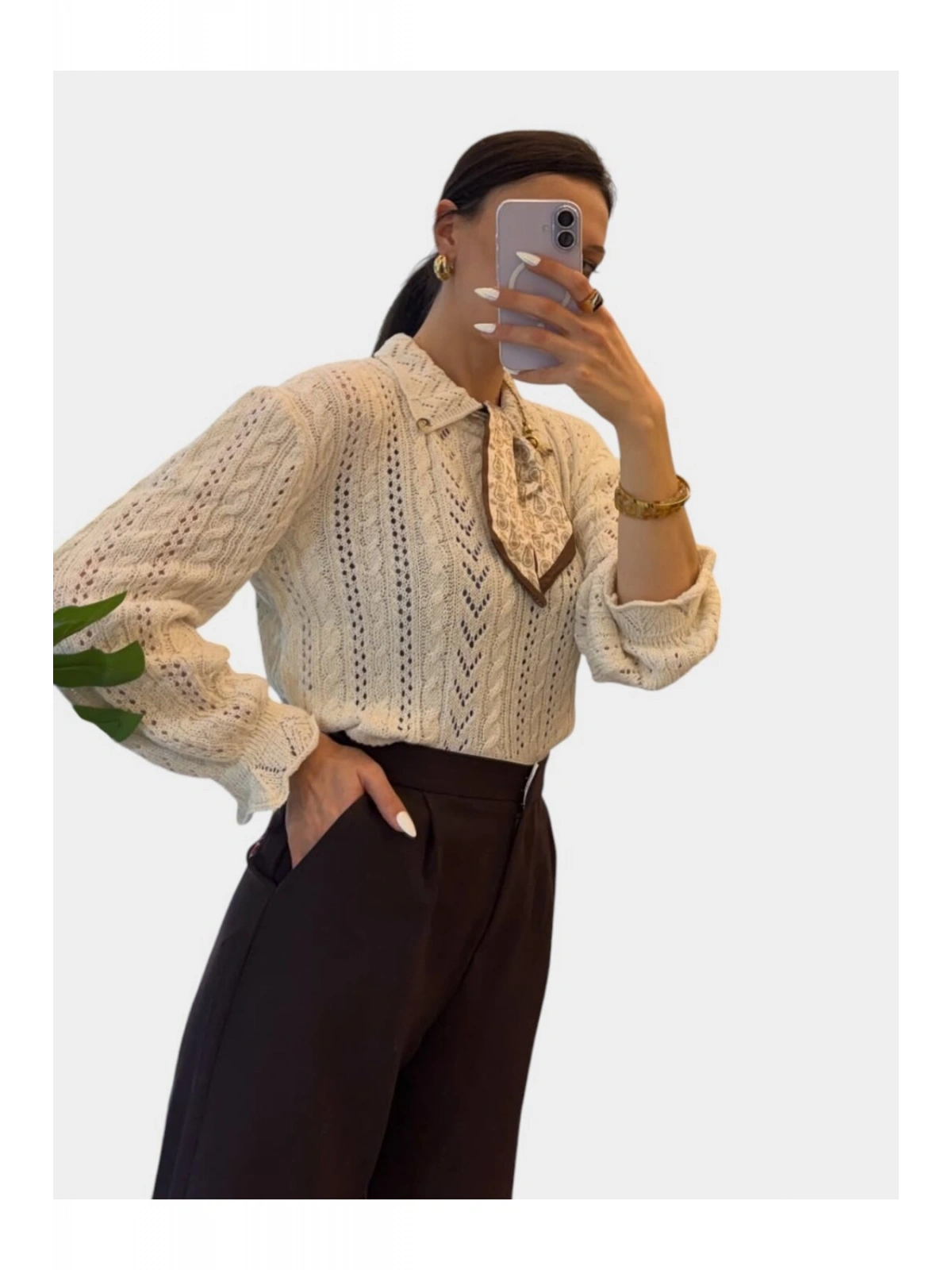 SHIN Vintage Dokulu Triko Gömlek – Fular Detaylı Premium Bluz