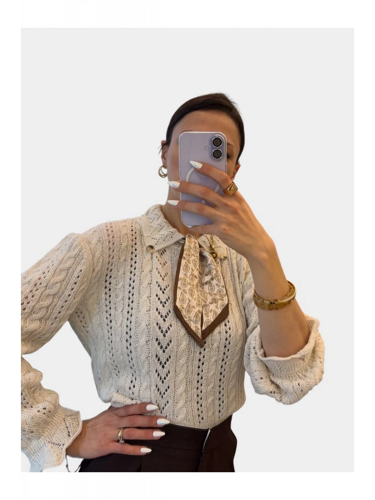 SHIN Vintage Dokulu Triko Gömlek – Fular Detaylı Premium Bluz