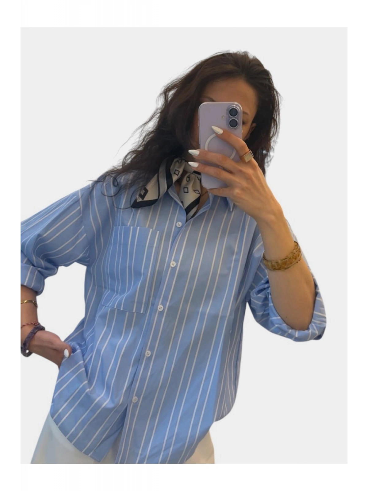 SHIN Çizgili Mavi Oversize Gömlek – Casual Fit