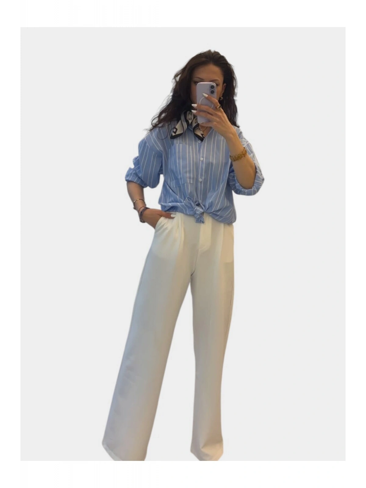 SHIN Çizgili Mavi Oversize Gömlek – Casual Fit