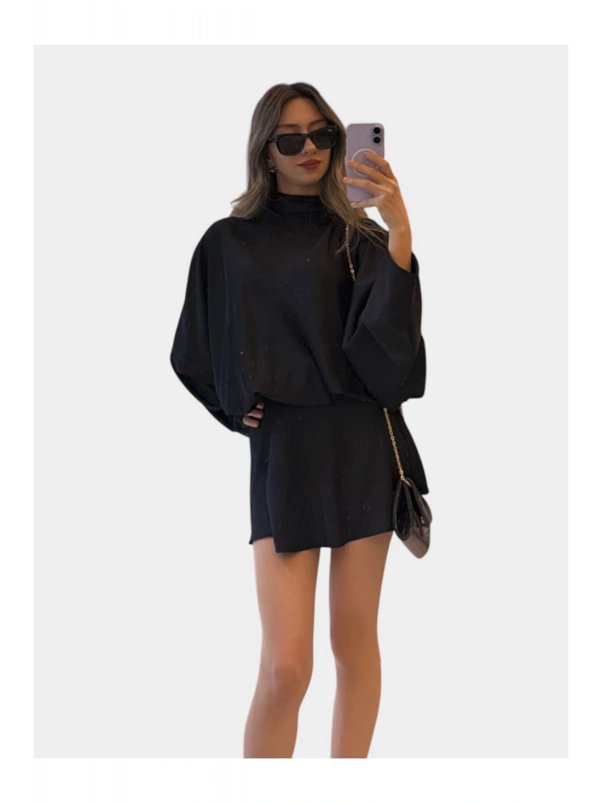 SHIN Drapeli Saten Mini Elbise – Balıkçı Yaka, Oversize Şık Elbise