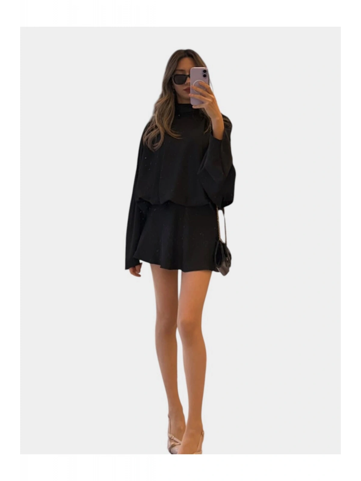 SHIN Drapeli Saten Mini Elbise – Balıkçı Yaka, Oversize Şık Elbise