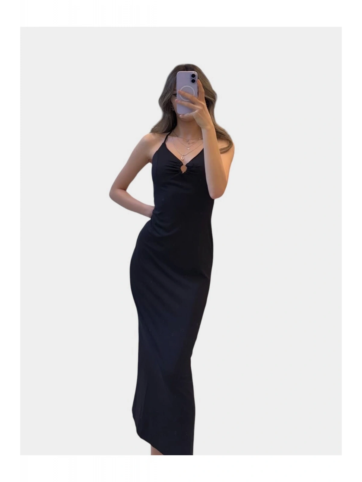 SHIN Halter Yaka Saten Uzun Elbise – Sırt Açık Şık Gece Elbisesi