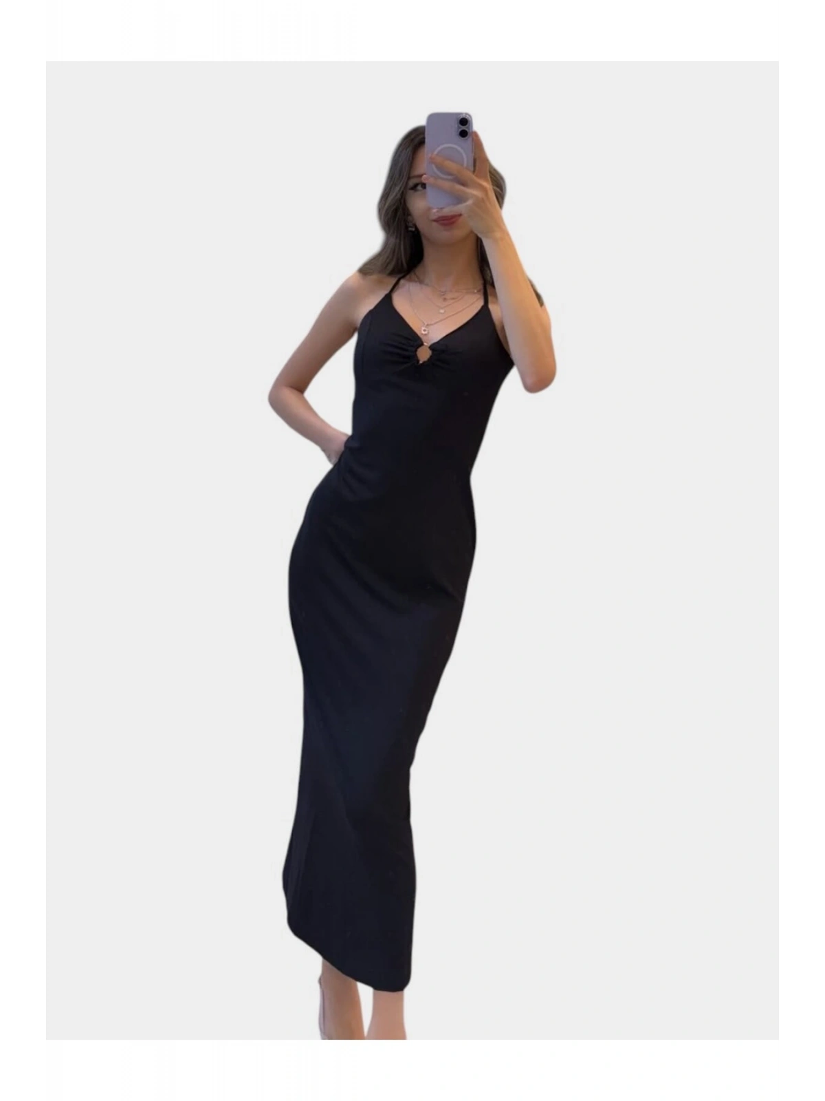 SHIN Halter Yaka Saten Uzun Elbise – Sırt Açık Şık Gece Elbisesi