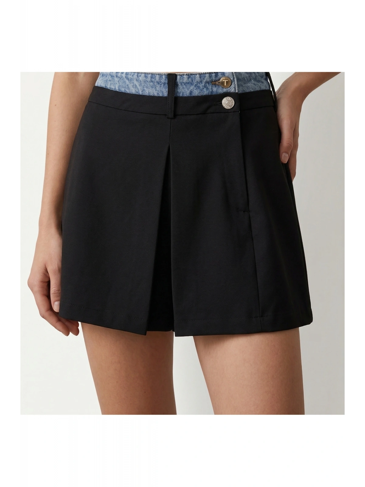SHIN Siyah Denim Detaylı Yüksek Bel Şort Etek (Skort) Pileli Şık
