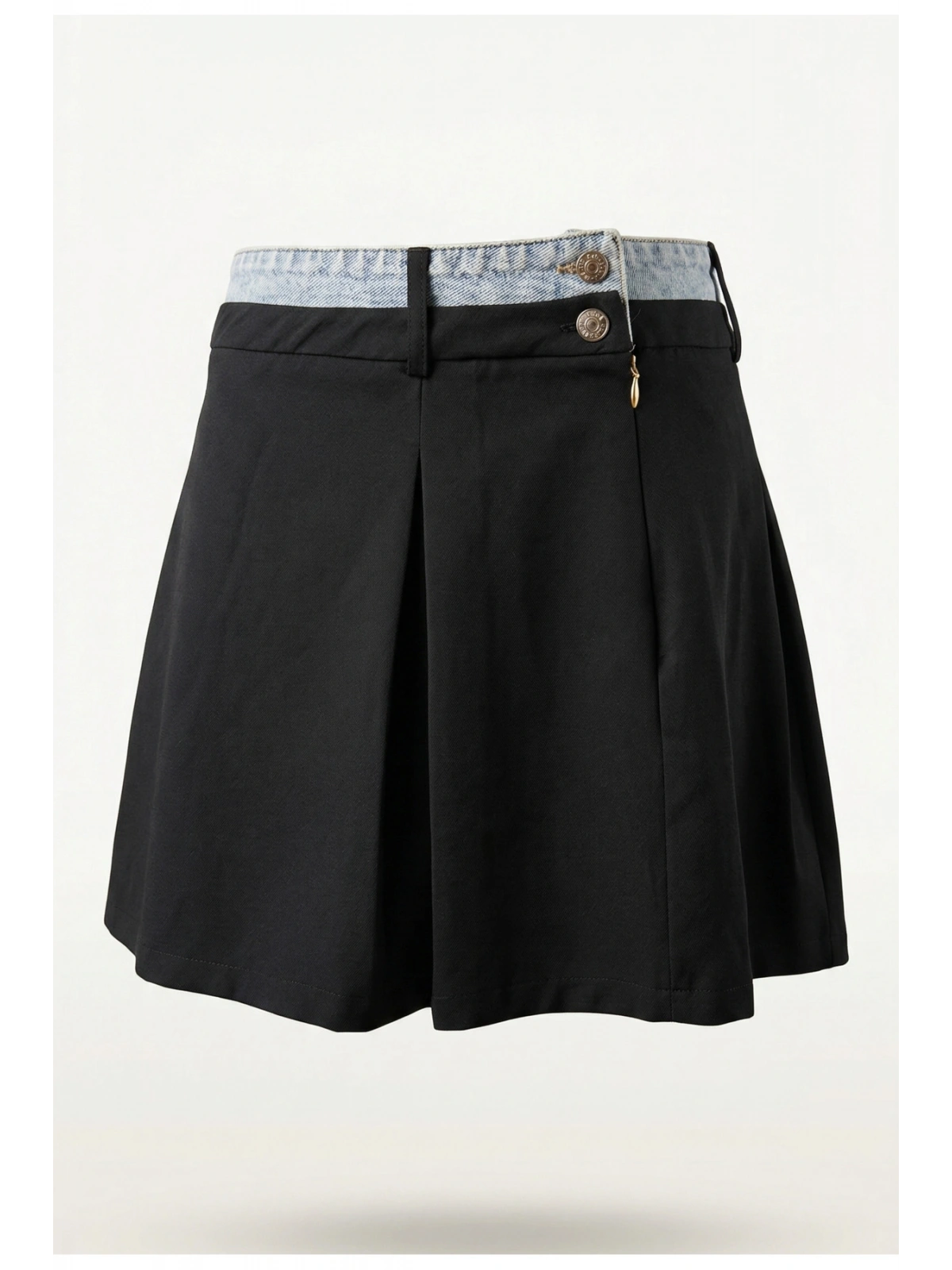 SHIN Siyah Denim Detaylı Yüksek Bel Şort Etek (Skort) Pileli Şık