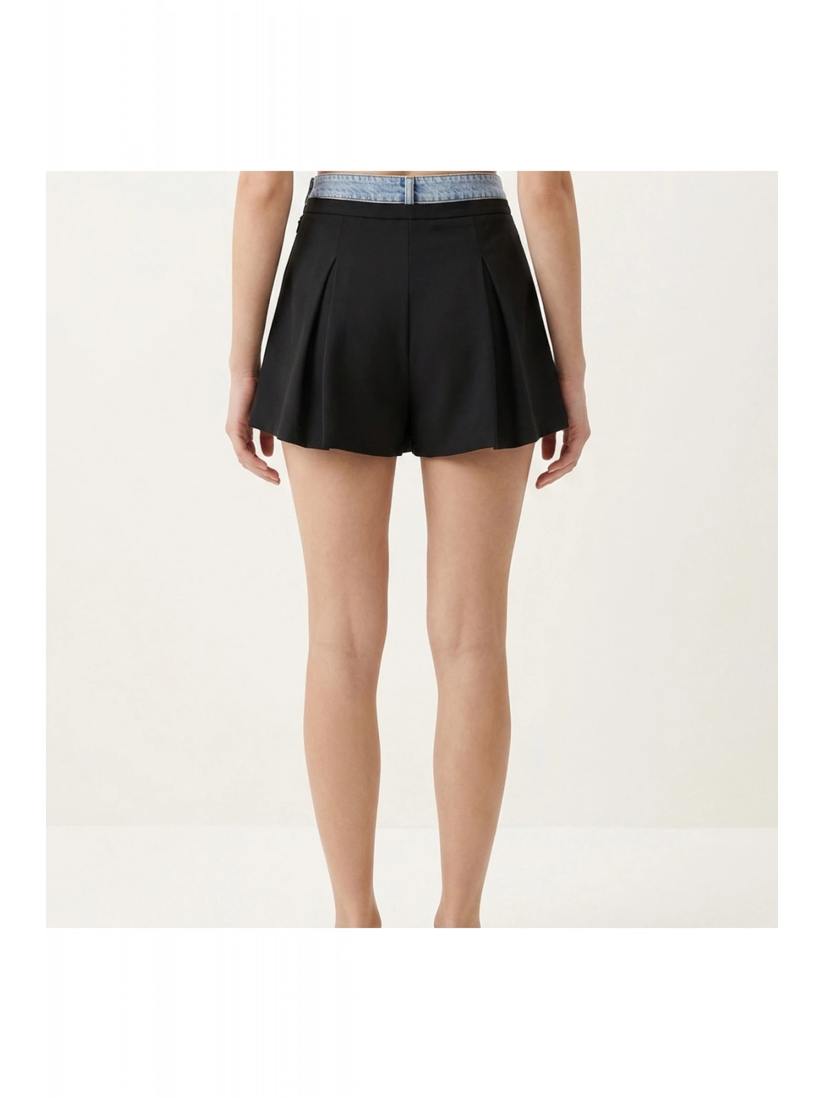 SHIN Siyah Denim Detaylı Yüksek Bel Şort Etek (Skort) Pileli Şık