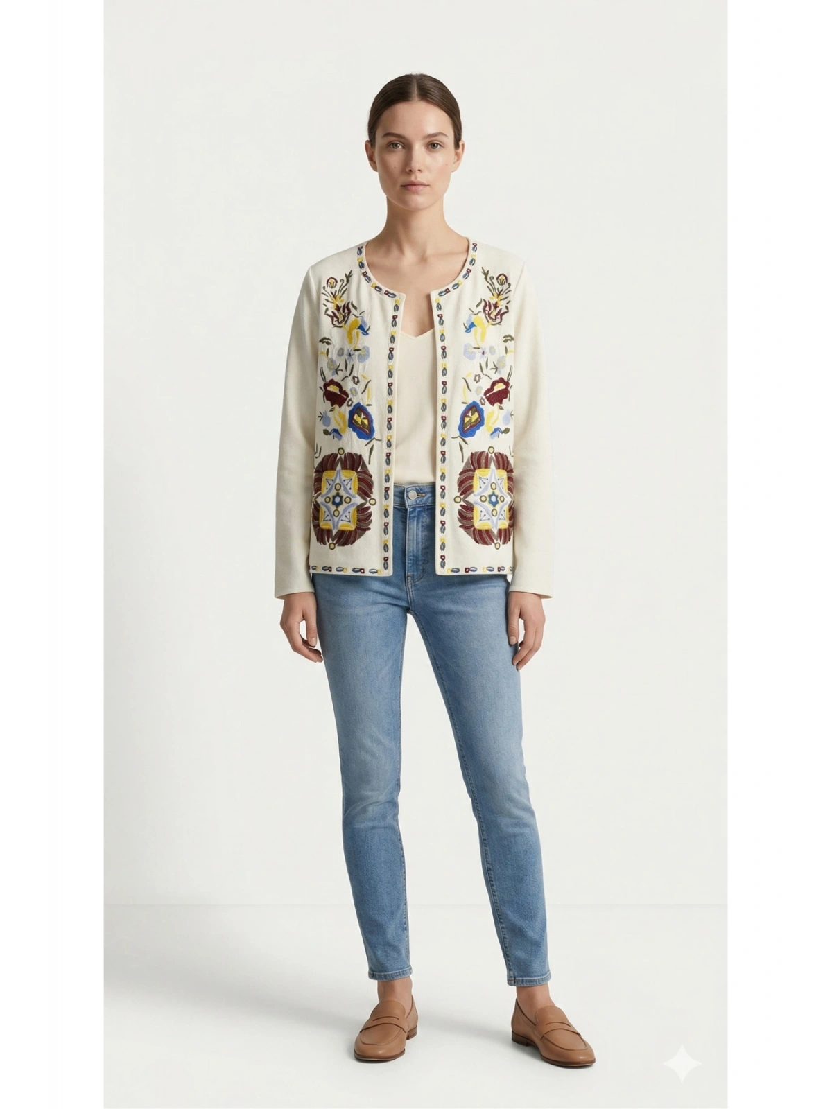 SHIN Ekru Nakış Detaylı Kadın Ceket Etnik Desenli Şık Günlük