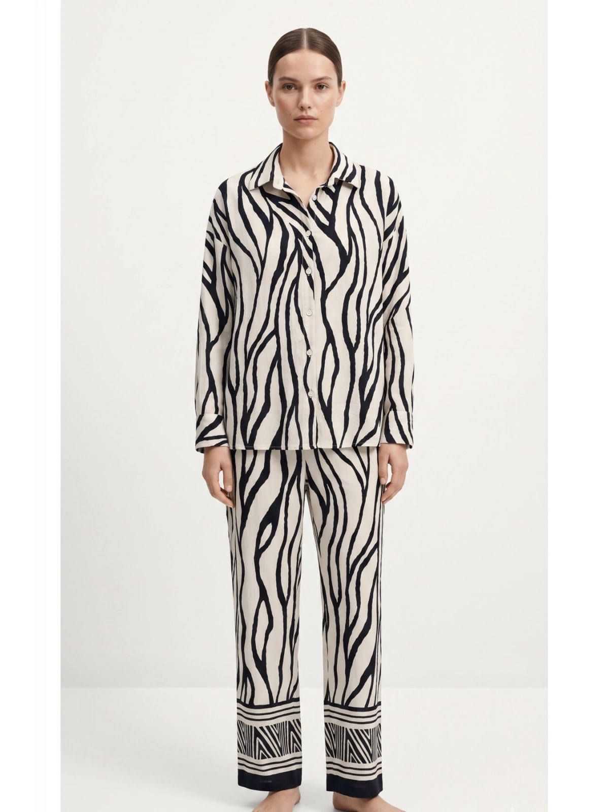 SHIN Zebra Desen Oversize Gömlek Pantolon Takım – Siyah/Beyaz