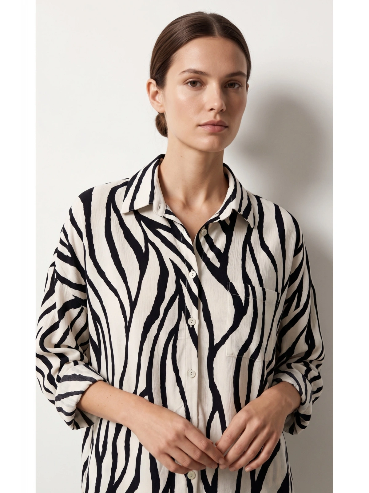 SHIN Zebra Desen Oversize Gömlek Pantolon Takım – Siyah/Beyaz