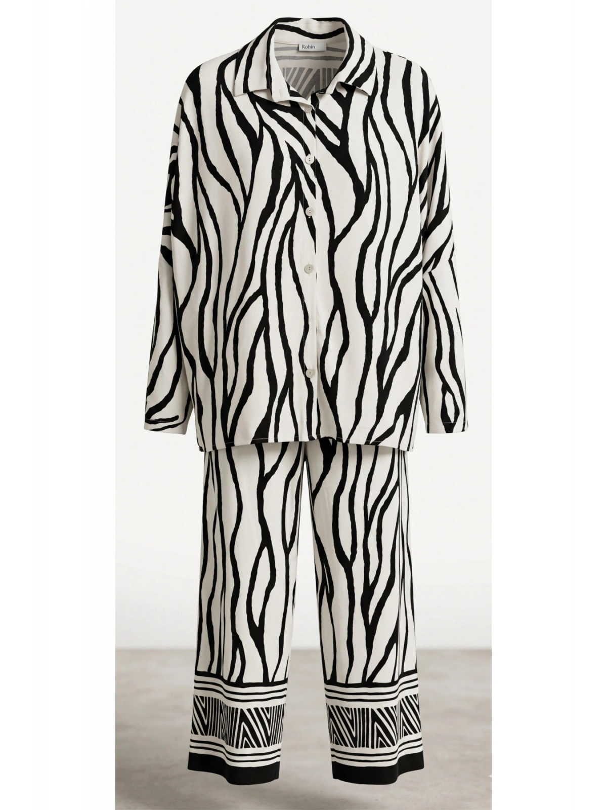 SHIN Zebra Desen Oversize Gömlek Pantolon Takım – Siyah/Beyaz