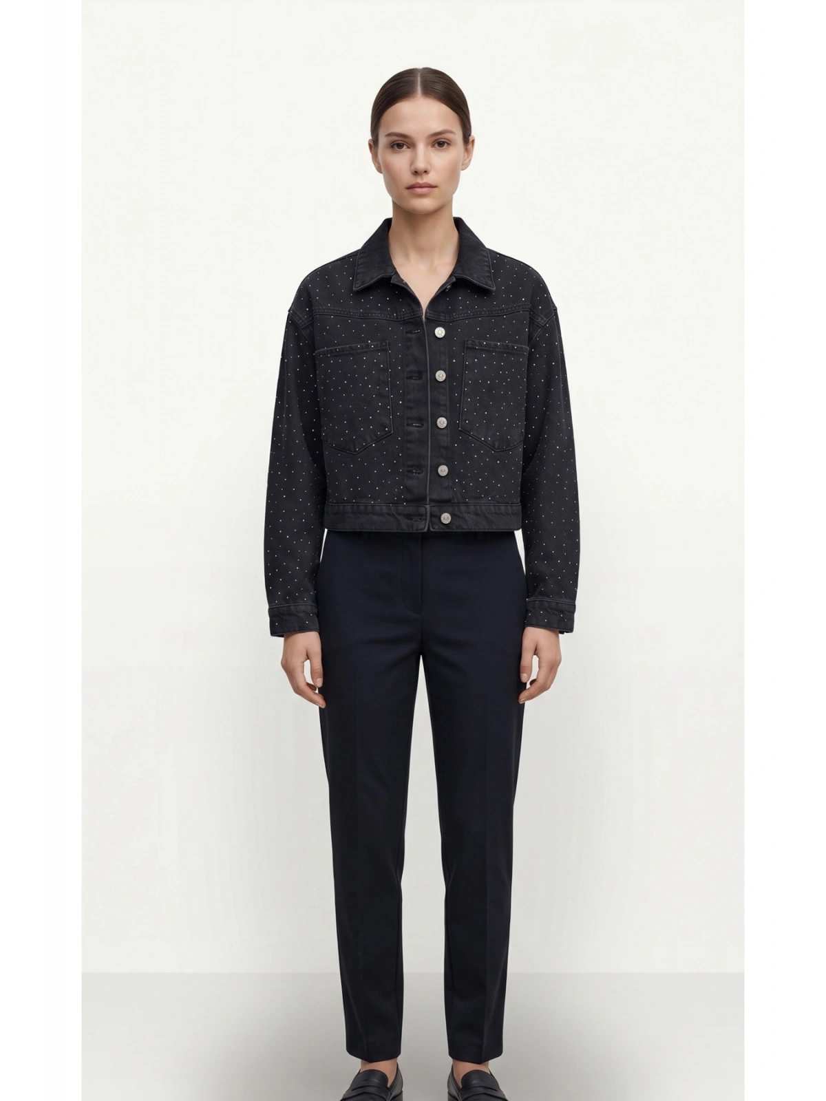 SHIN Taş Detaylı Crop Jean Ceket – Siyah Denim