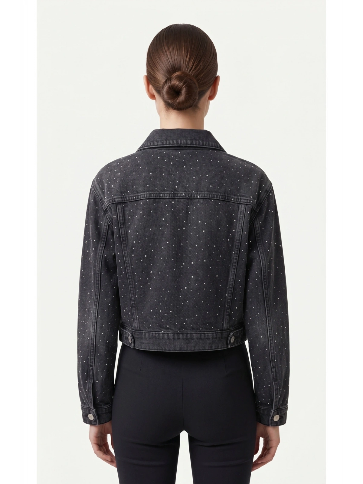 SHIN Taş Detaylı Crop Jean Ceket – Siyah Denim