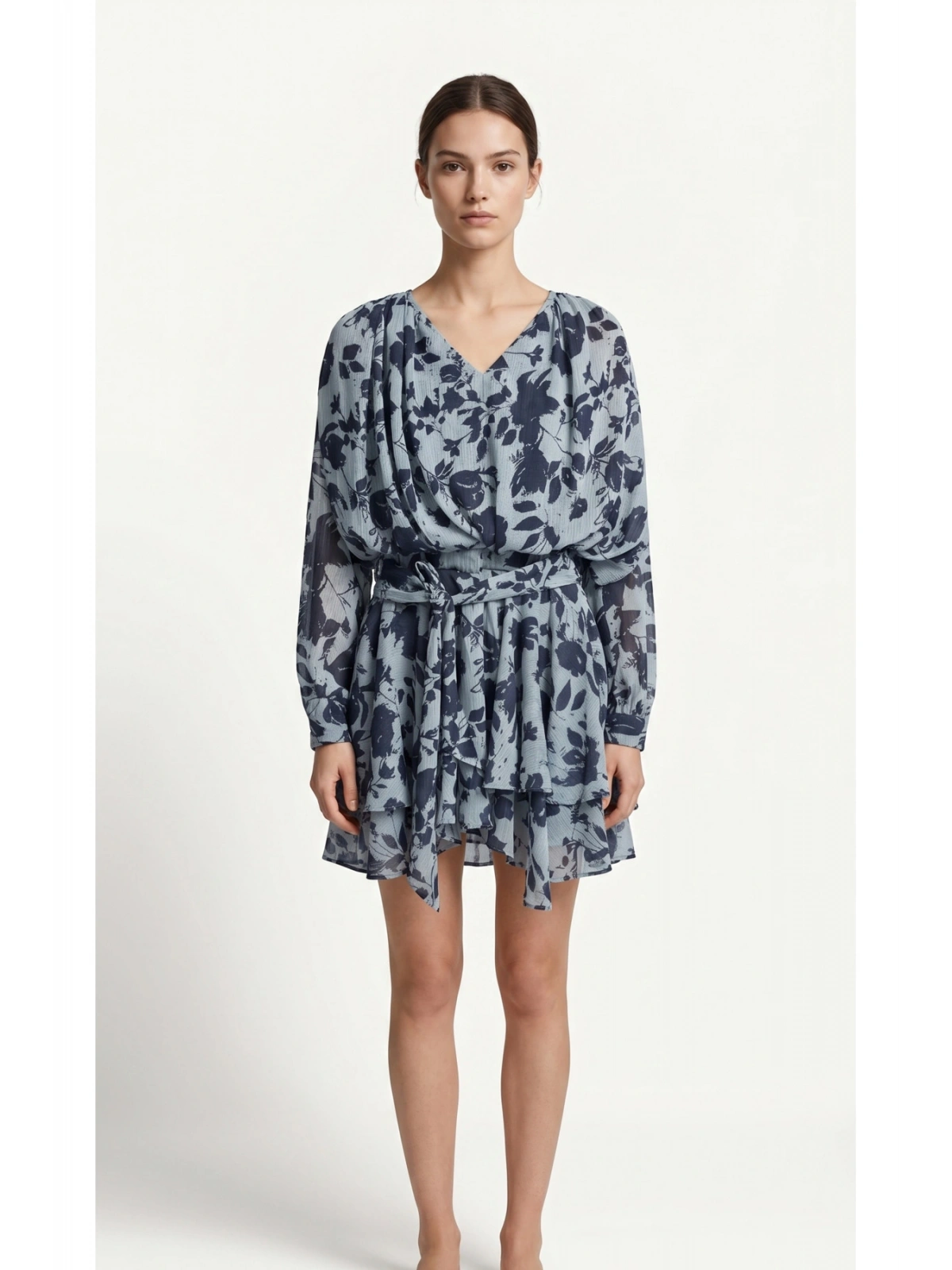 SHIN Mavi Floral Şifon Mini Elbise