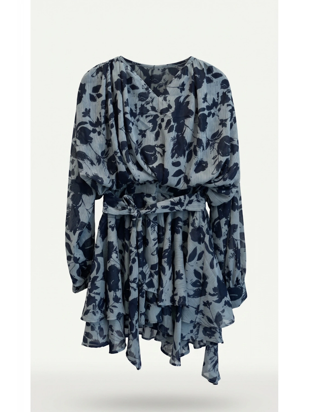SHIN Mavi Floral Şifon Mini Elbise