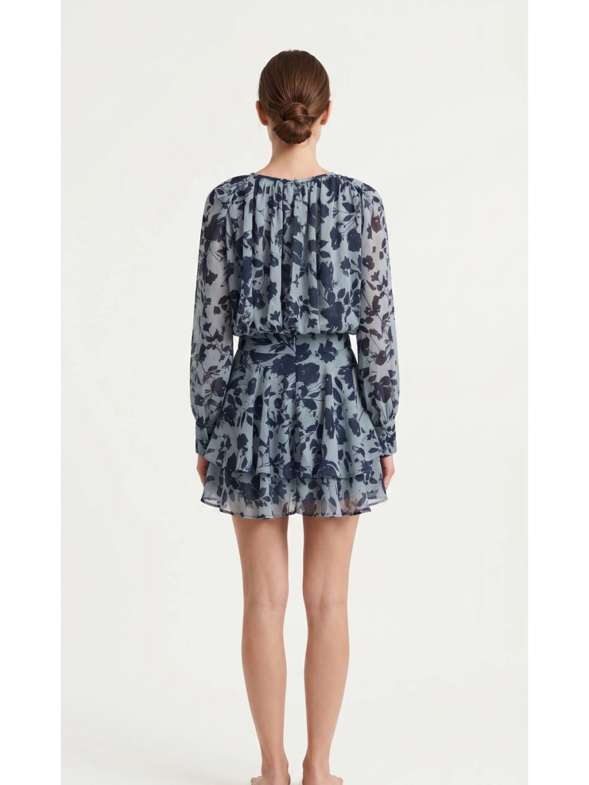 SHIN Mavi Floral Şifon Mini Elbise
