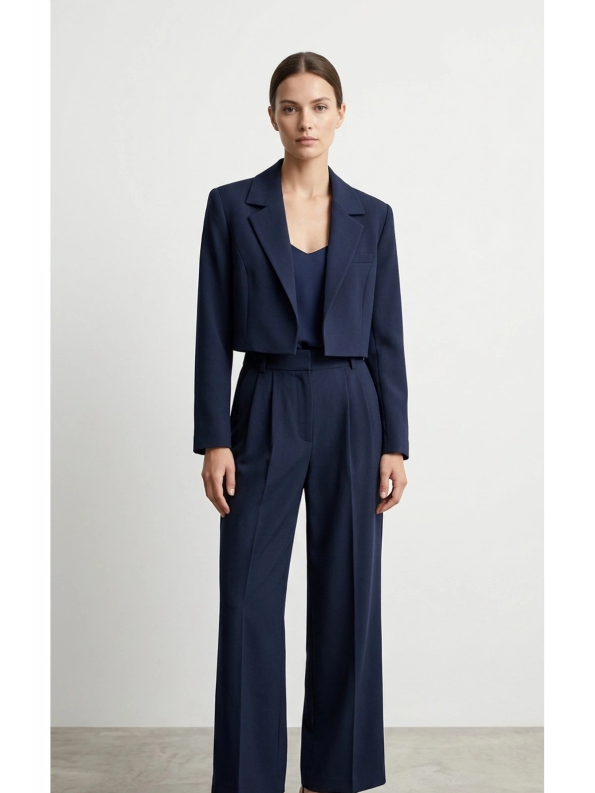 Lacivert Blazer Ceket Yüksek Bel Wide Leg Pantolon Takım