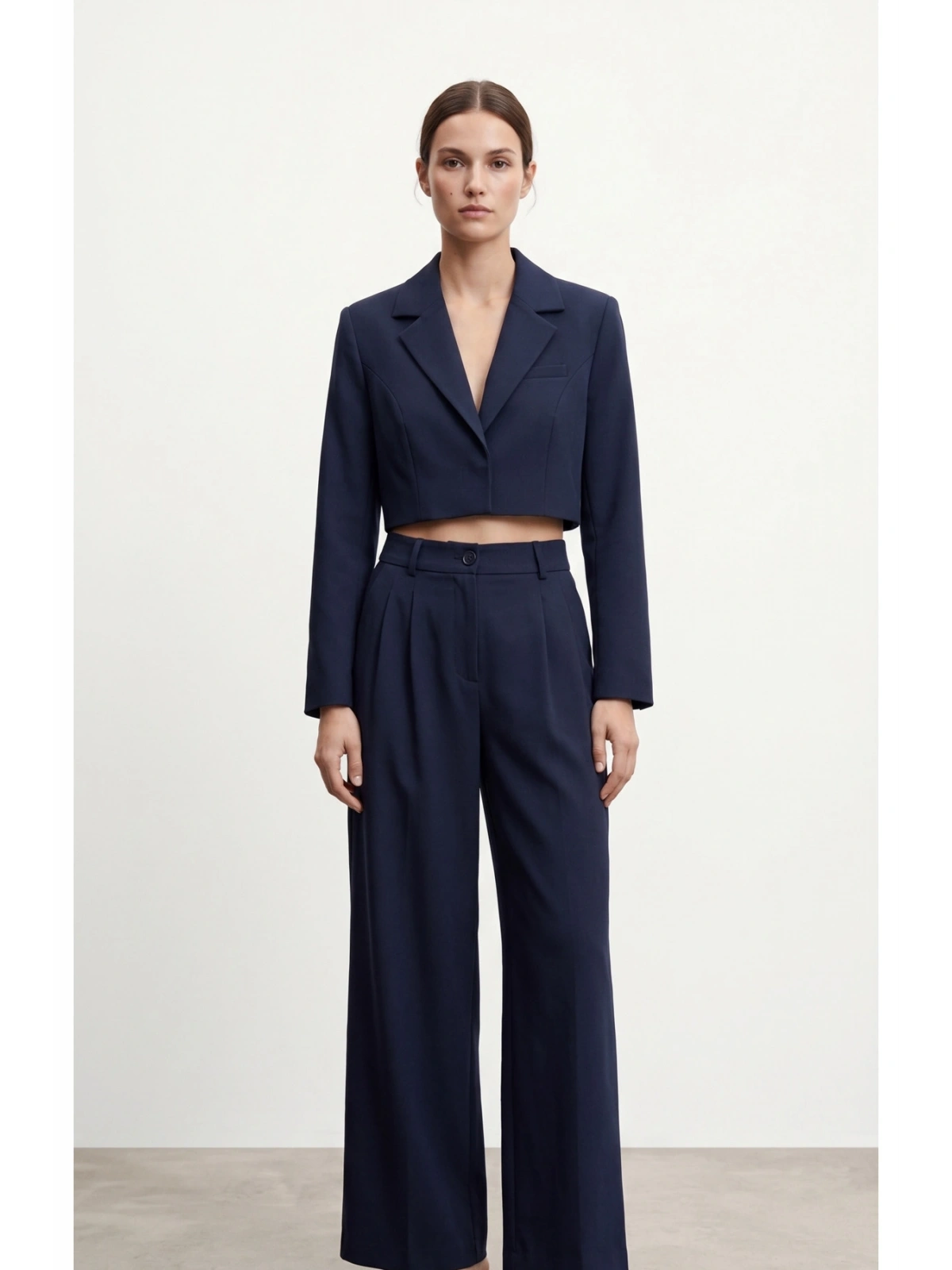 Lacivert Blazer Ceket Yüksek Bel Wide Leg Pantolon Takım