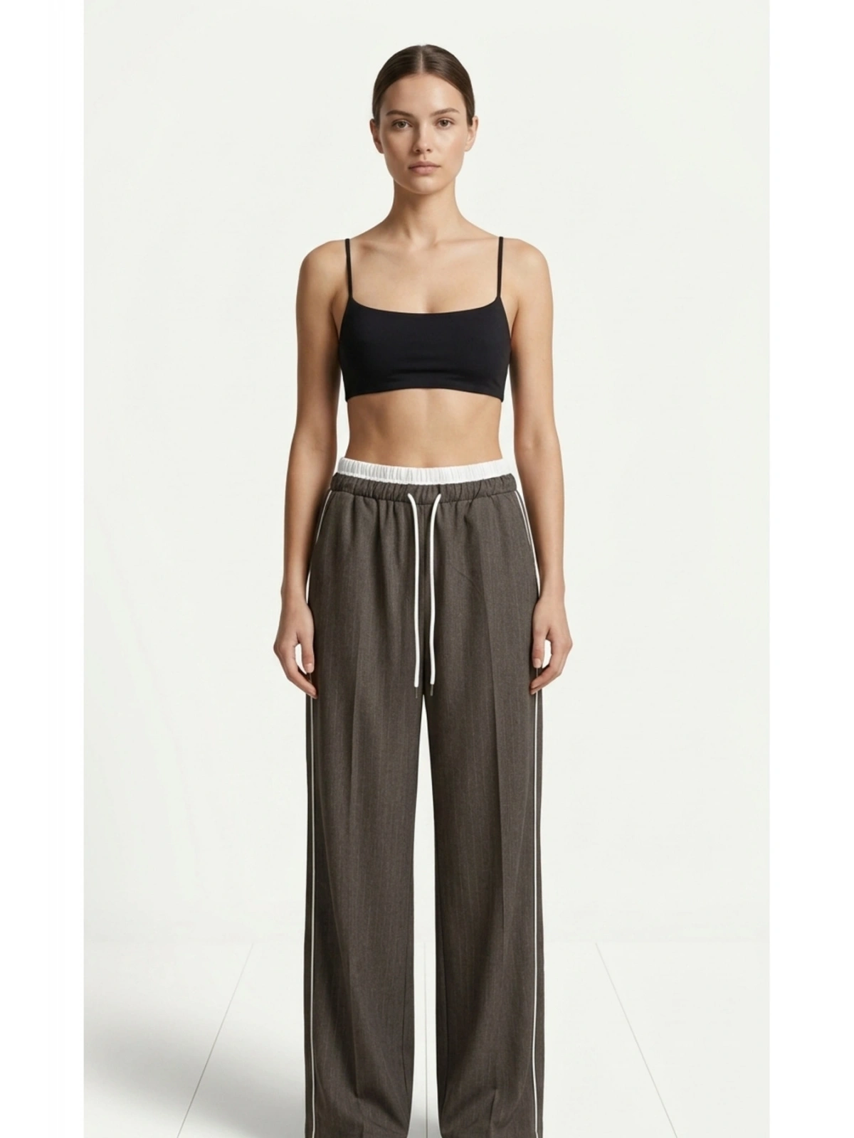 SHIN Yüksek Bel Lastikli Çizgili Wide Leg Pantolon