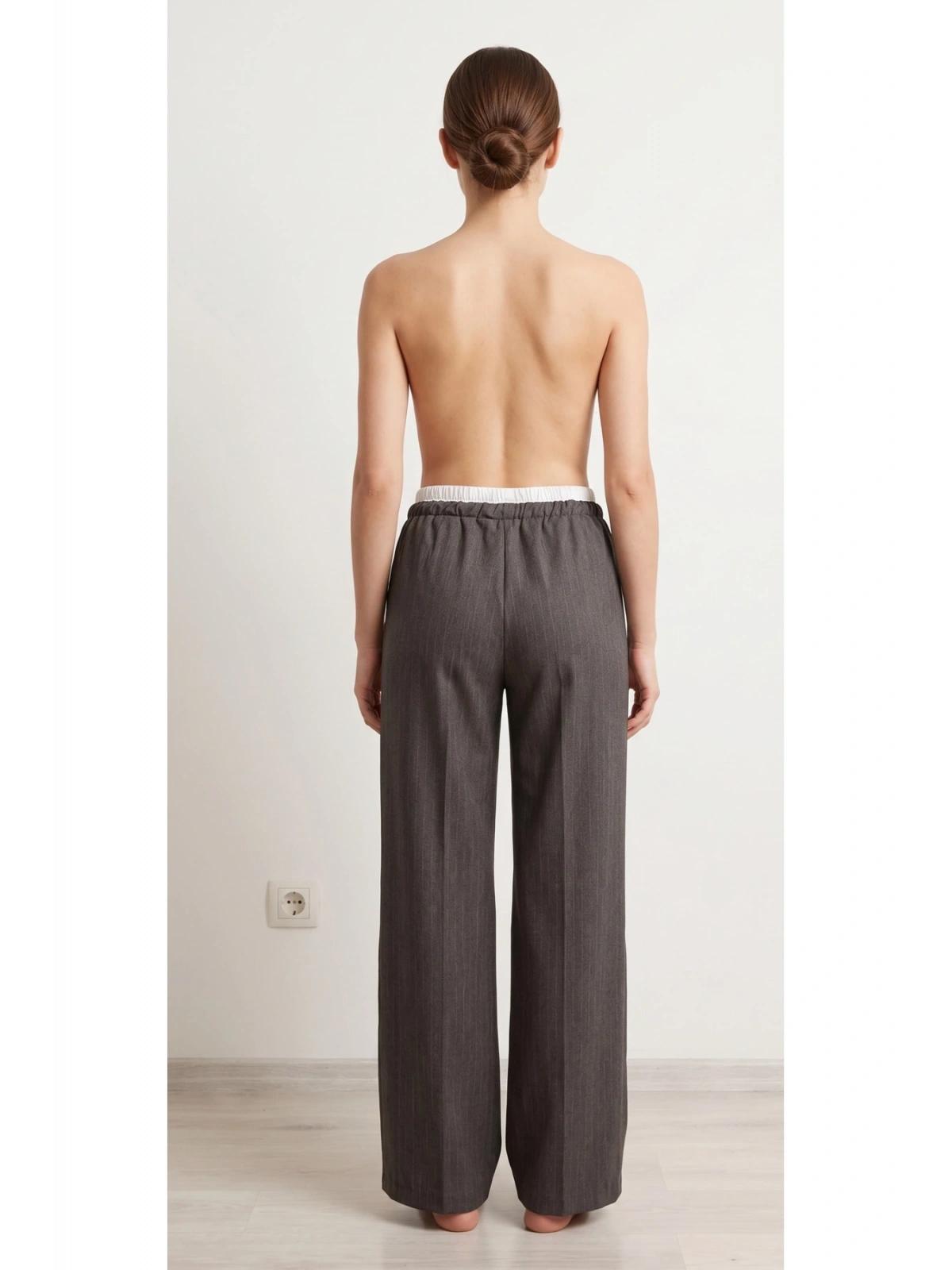 SHIN Yüksek Bel Lastikli Çizgili Wide Leg Pantolon