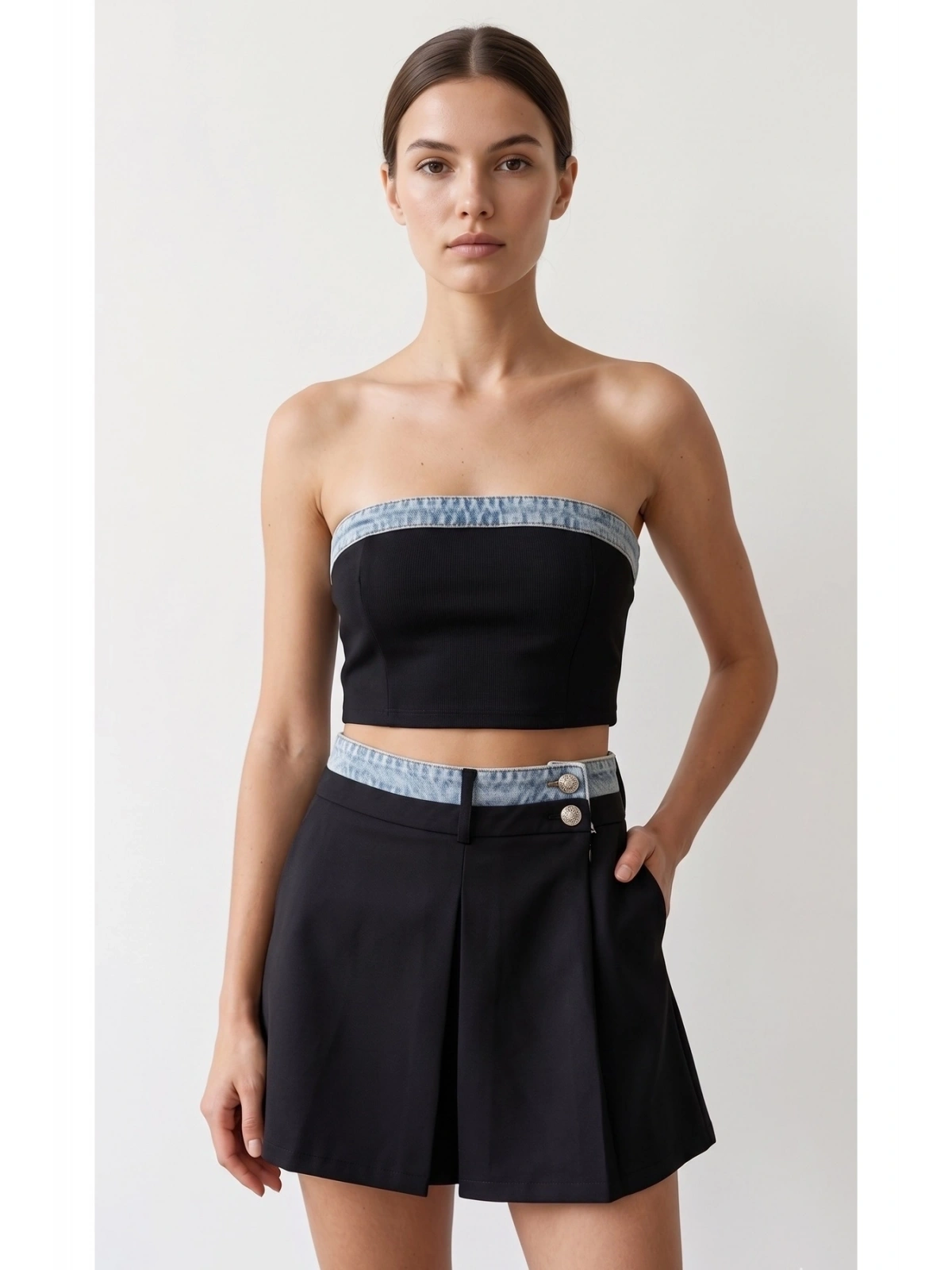 SHIN Yüksek Bel Piliseli Mini Etek Şort (Denim Detaylı)