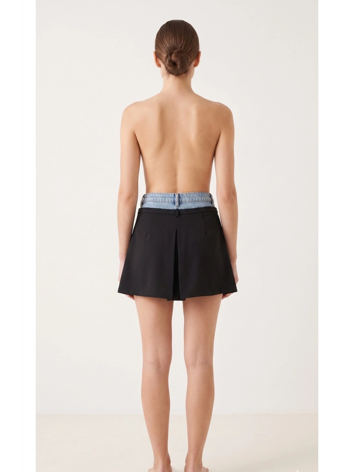 SHIN Yüksek Bel Piliseli Mini Etek Şort (Denim Detaylı)