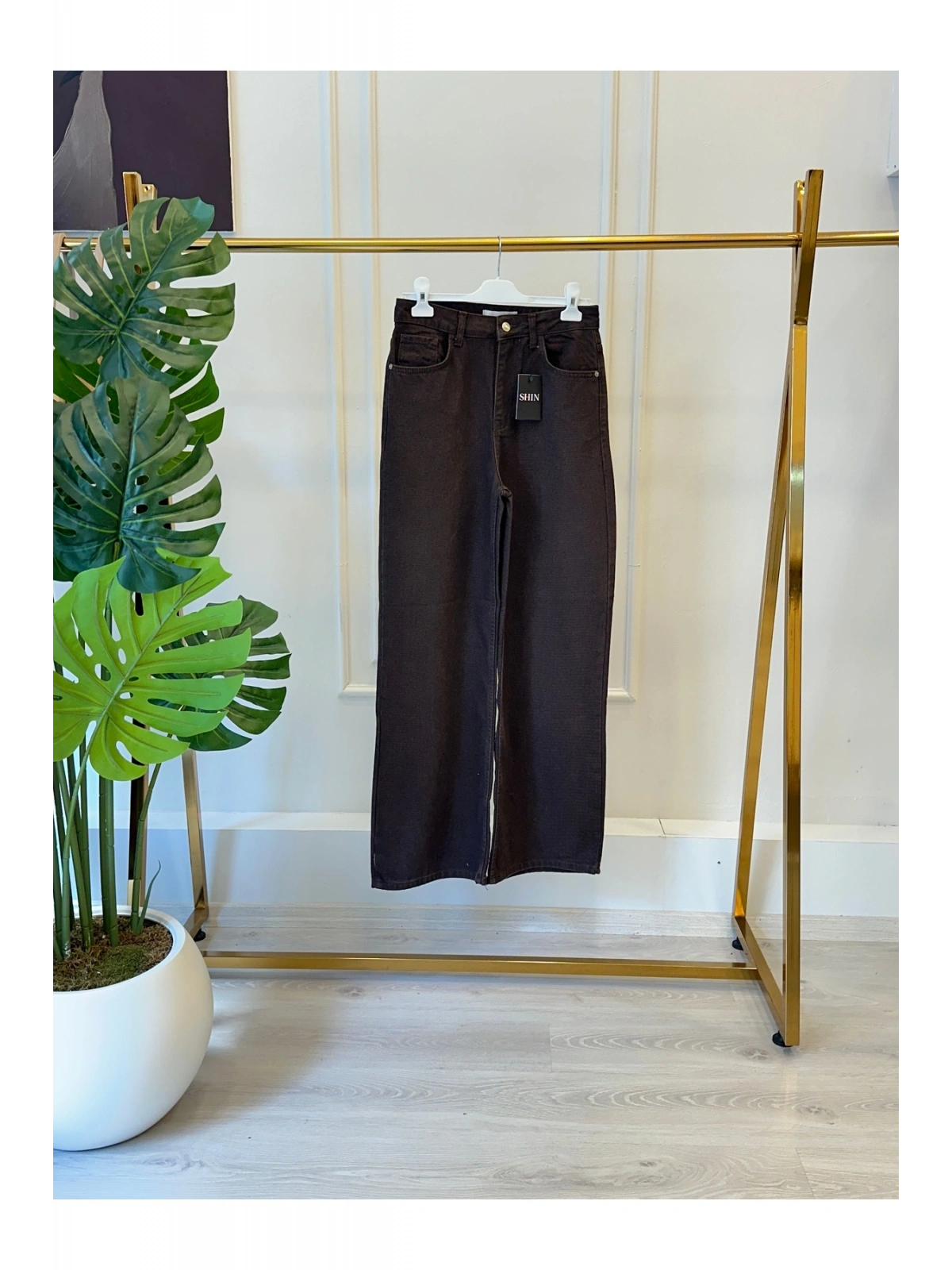 SHIN Kahverengi Yüksek Bel Wide Leg Jean