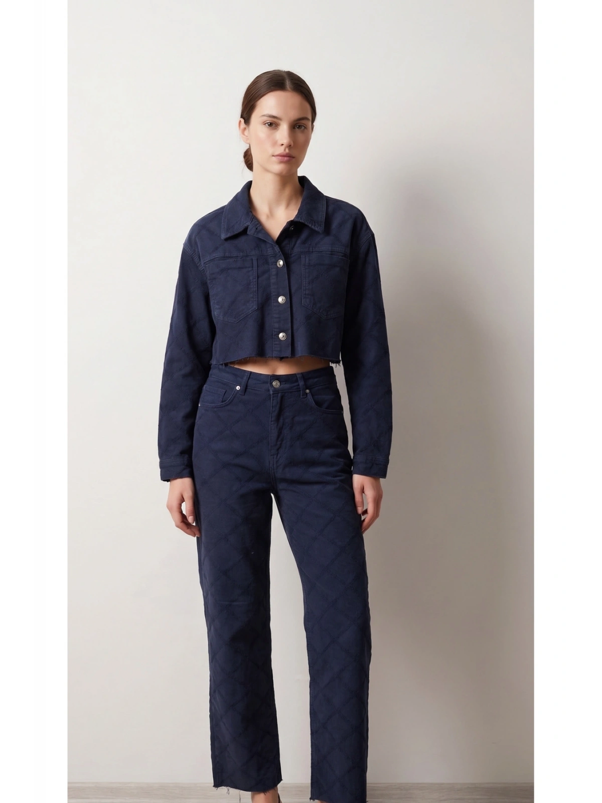SHIN Kapitone Desenli Denim Takım – Lacivert