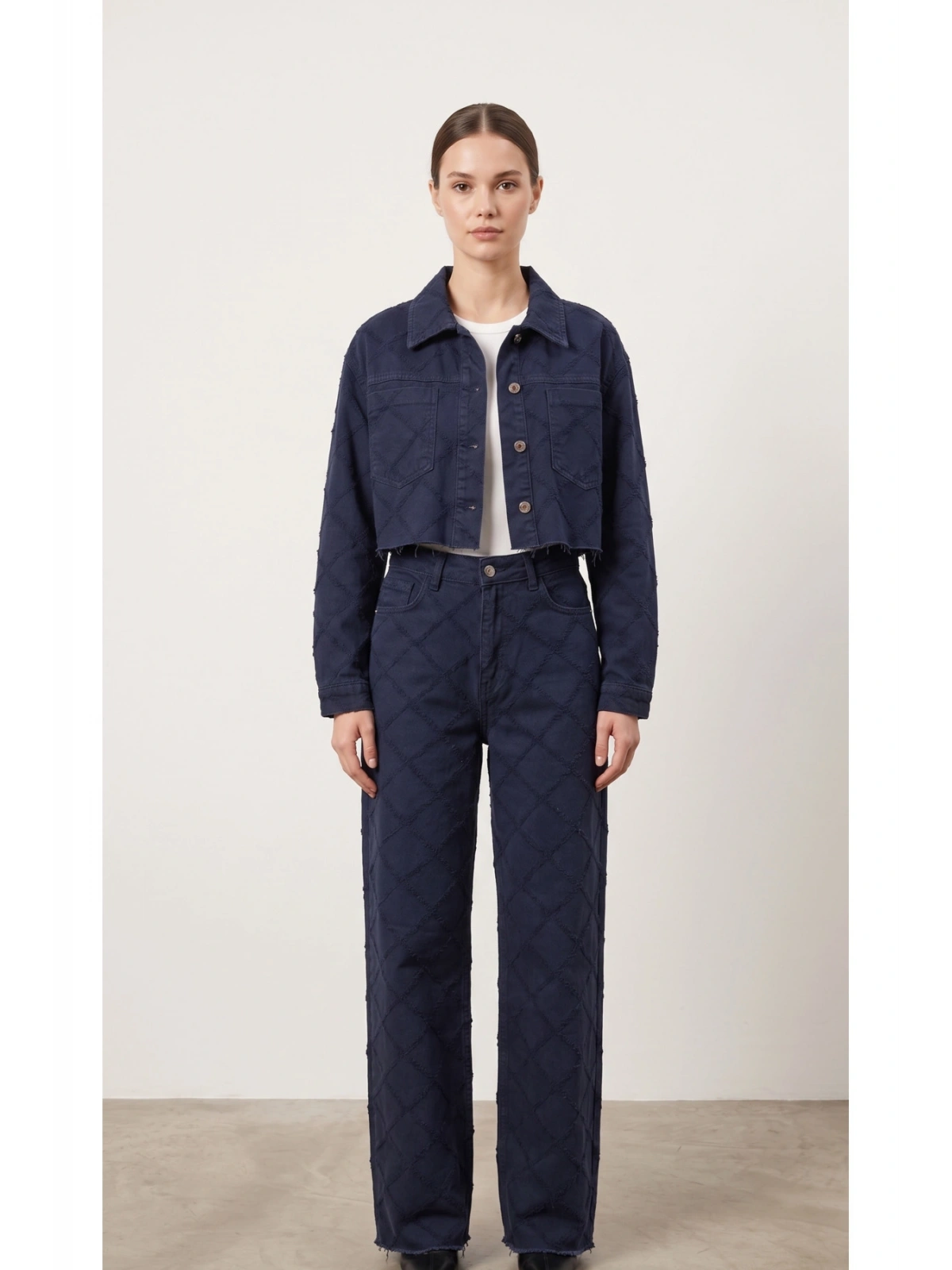 SHIN Kapitone Desenli Denim Takım – Lacivert