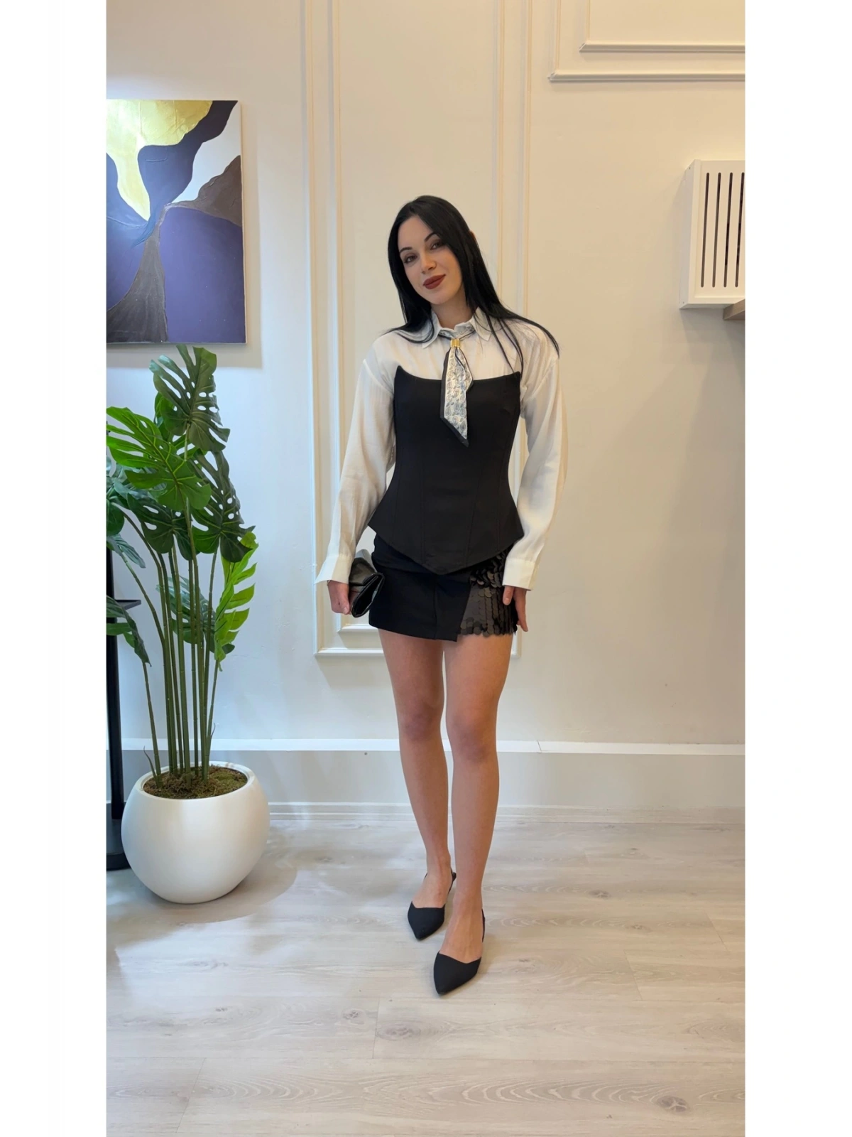 Fular Detaylı Oversize Beyaz Gömlek