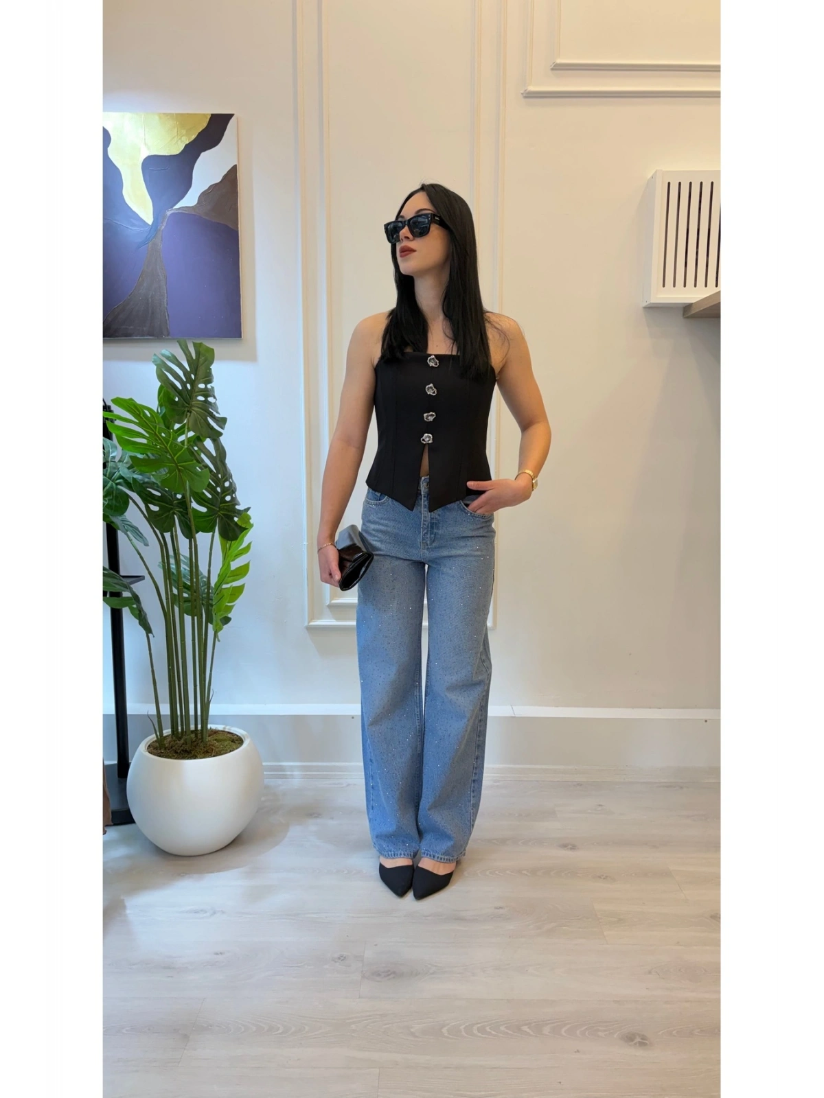 Taş Detaylı Wide Leg Jean Pantolon