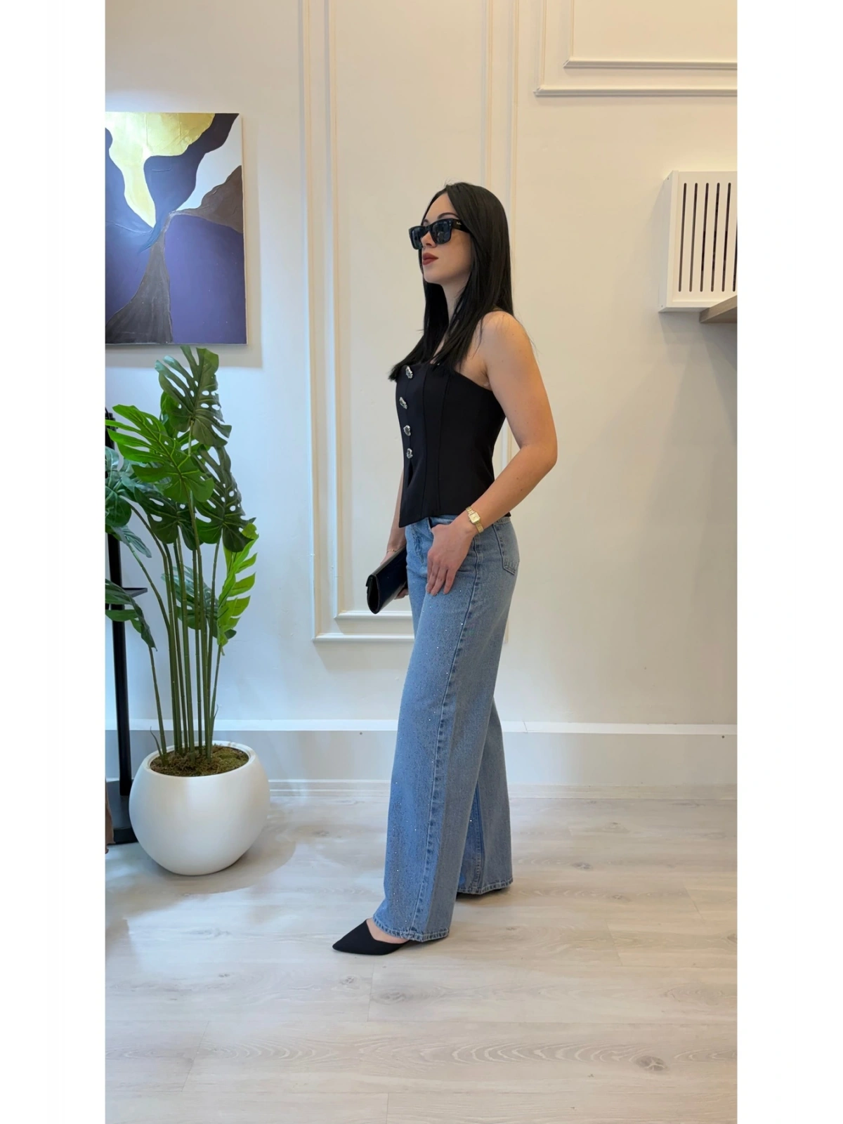 Taş Detaylı Wide Leg Jean Pantolon