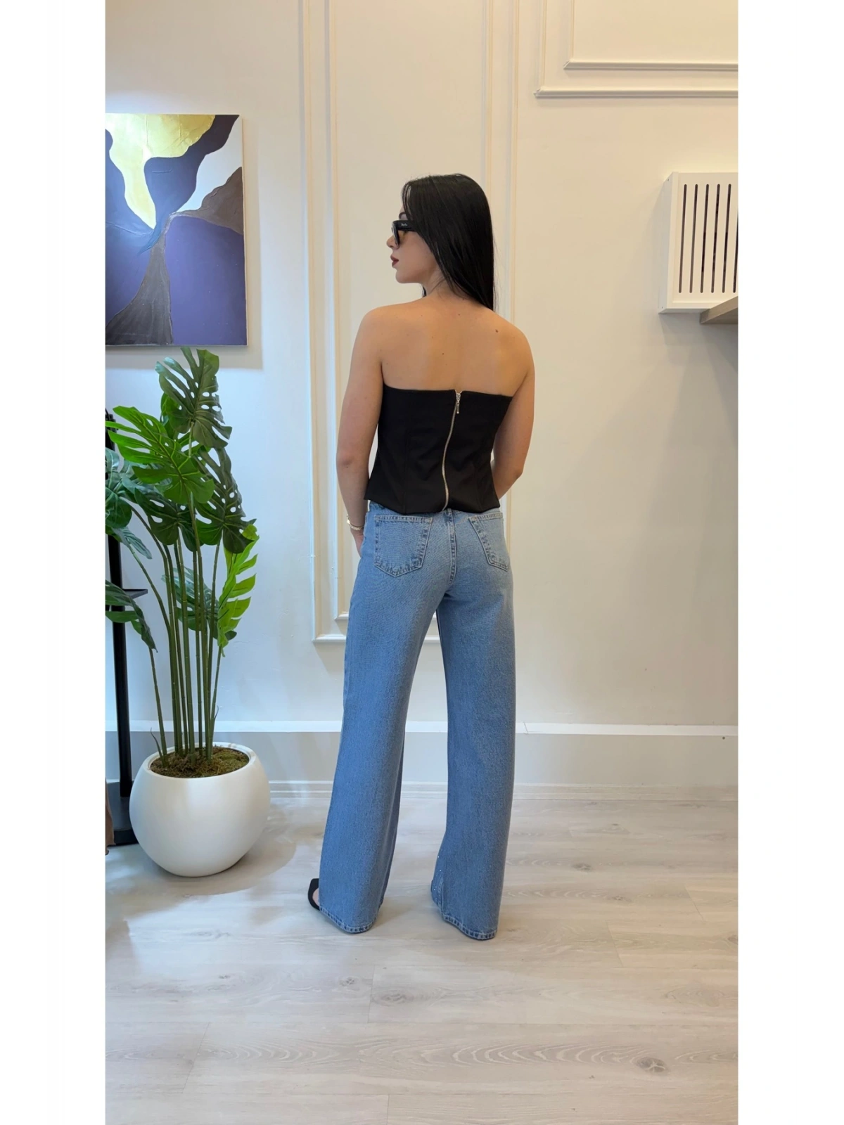 Taş Detaylı Wide Leg Jean Pantolon